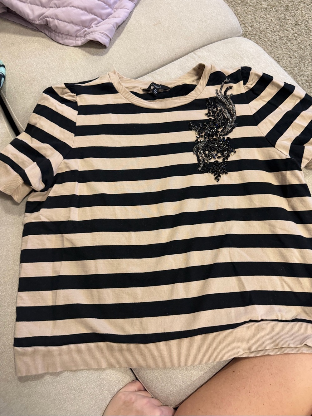 Women’s Black and Beige Striped Short Sleeve Top with Beaded Applique